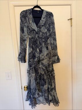 Flowing Blue Ruffle Lace-Print Maxi Dress